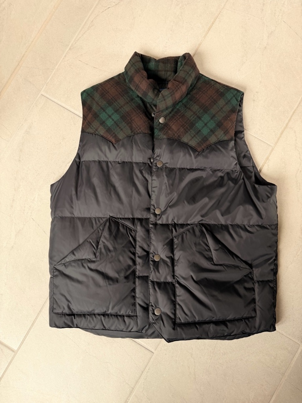 Pendleton Black Quilted Vest with Green & Brown Plaid Yoke